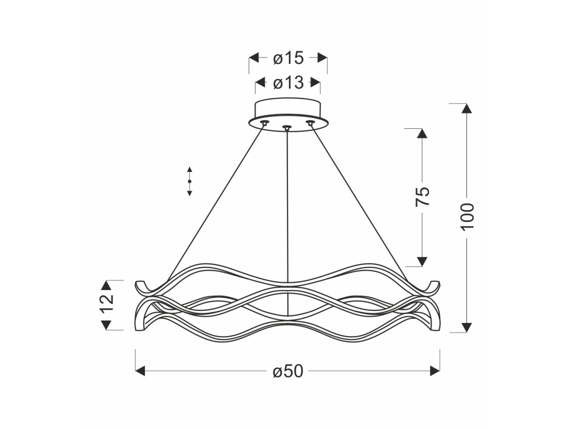 Rysunek wymiarowy lampy wiszącej Olosela średnica 50 cm i wysokość 100 cm