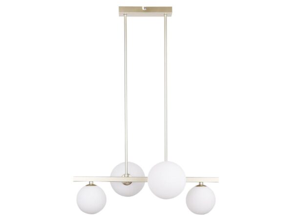 Lampa wisząca Omidano mosiężna z czterema białymi kulistymi kloszami