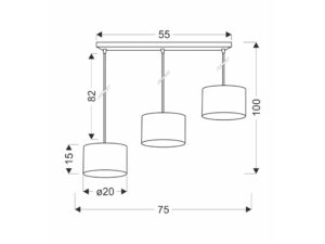 Miniaturka 1 - Rysunek wymiarowy lampy wiszącej Omirona z trzema abażurami na listwie, szerokość 75 cm