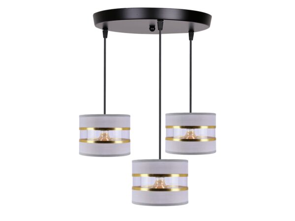 Lampa wisząca Omirona 3-punktowa z okrągłą podsufitką i szaro-złotymi abażurami