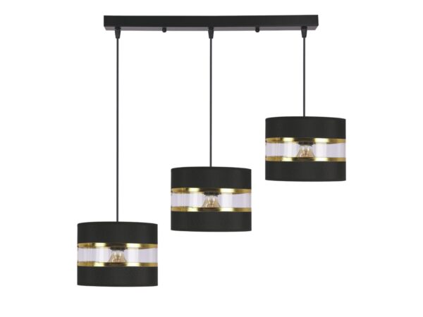 Lampa wisząca Omirona z trzema czarno-złotymi abażurami rozmieszczonymi na różnych wysokościach pod prostą listwą