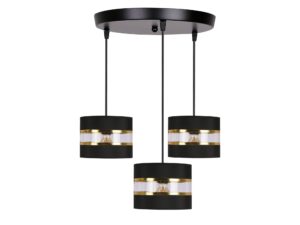 Miniaturka 2 - Lampa wisząca Omirona z trzema czarno-złotymi abażurami pod okrągłym mocowaniem sufitowym