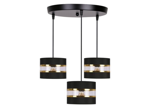 Lampa wisząca Omirona z trzema czarno-złotymi abażurami pod okrągłym mocowaniem sufitowym