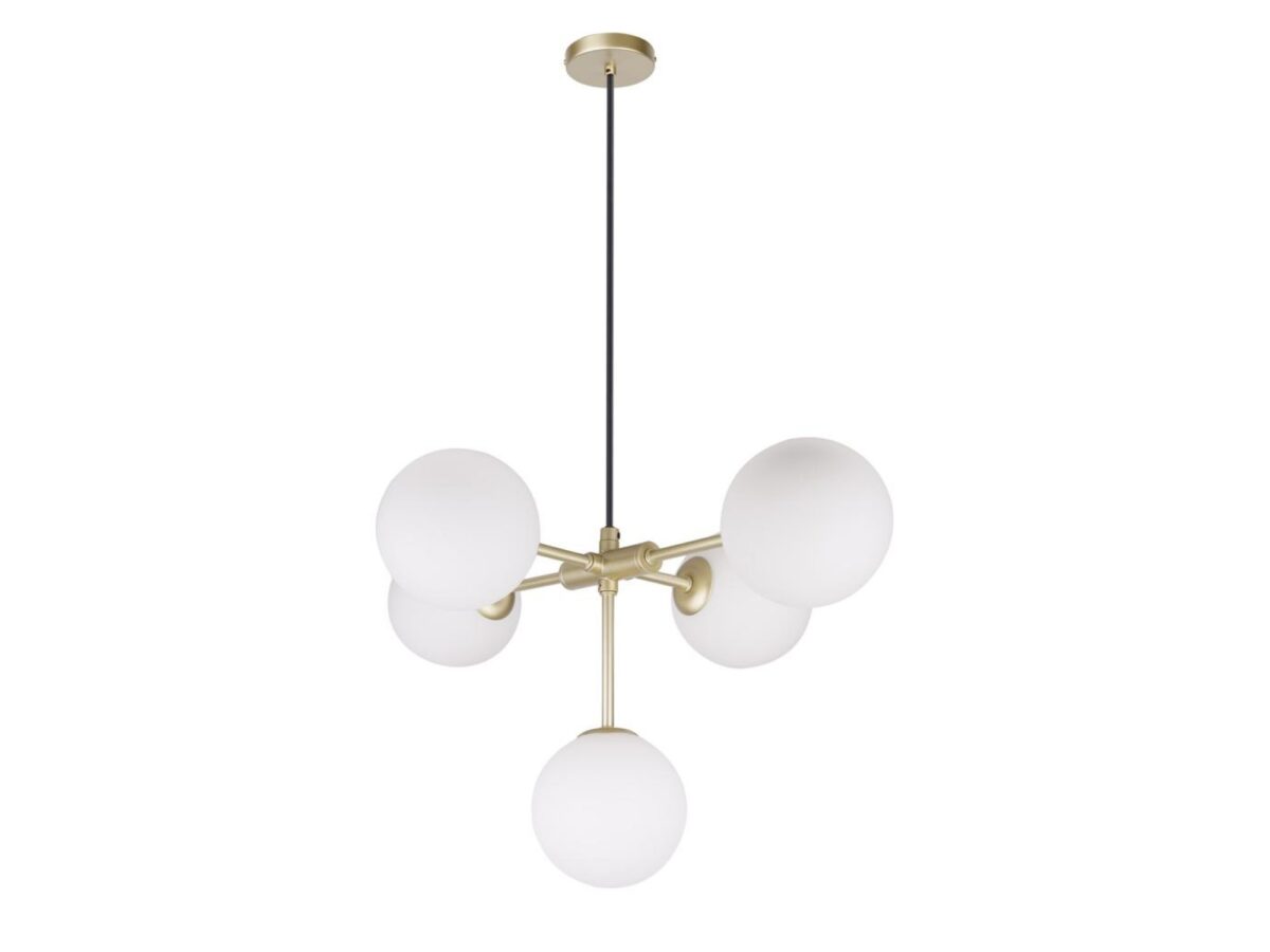 Lampa wisząca Omorona 5-punktowa mosiądz z mlecznymi kulami
