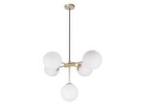 Miniaturka 4 - Mosiężna lampa wisząca Omorona z pięcioma mlecznobiałymi szklanymi kulami