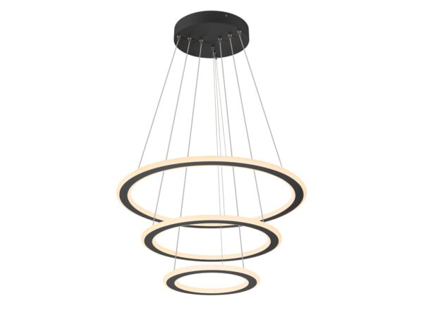 Czarna lampa wisząca One Flat Triple z trzema płaskimi pierścieniami LED na białym tle