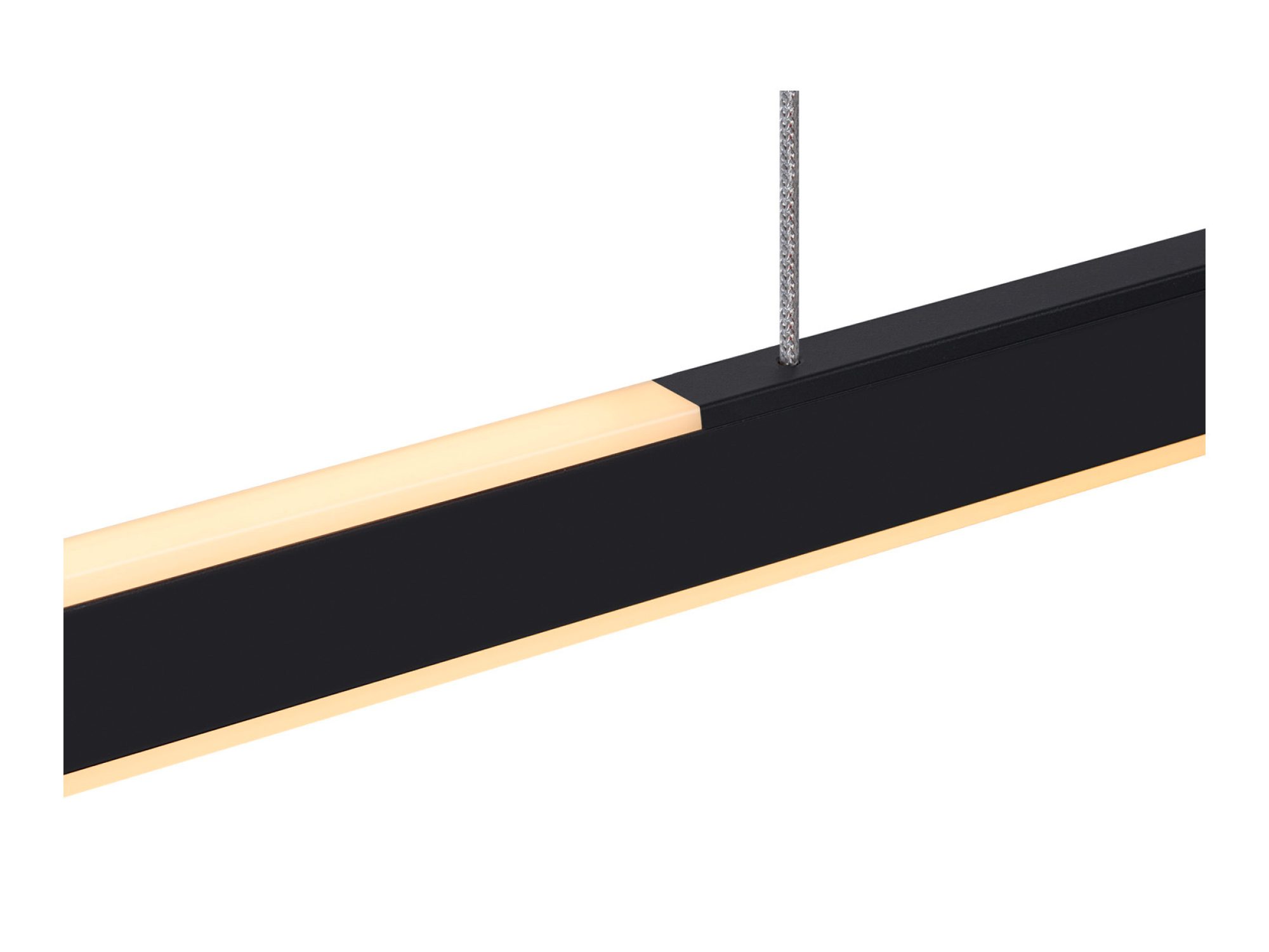Czarna lampa wisząca One Linear 140, podłużna oprawa LED na białym tle