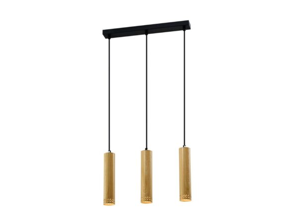 Lampa wisząca Oretia z trzema stalowymi kloszami w kolorze drewna