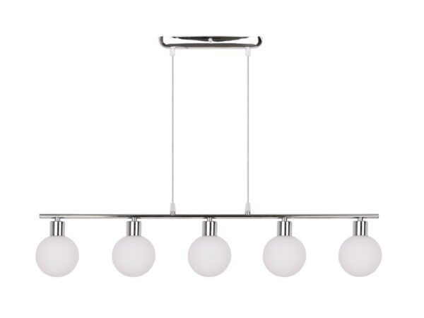 Lampa wisząca Orevina z pięcioma białymi szklanymi kloszami i chromowanym zawieszeniem