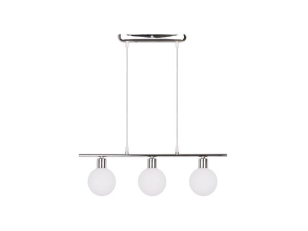 Lampa wisząca Orevina z trzema białymi szklanymi kulami na chromowanej belce