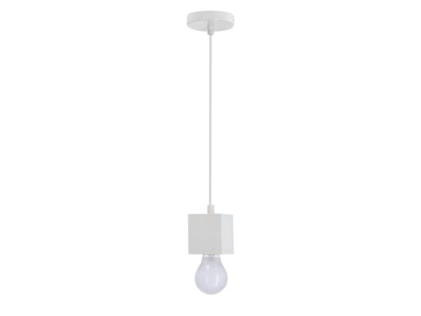 Biała lampa wisząca Oridela z drewnianą kostką E27