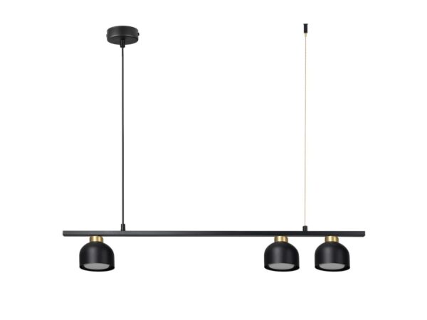 Lampa wisząca Orilano z trzema czarnymi metalowymi kloszami na belce na białym tle