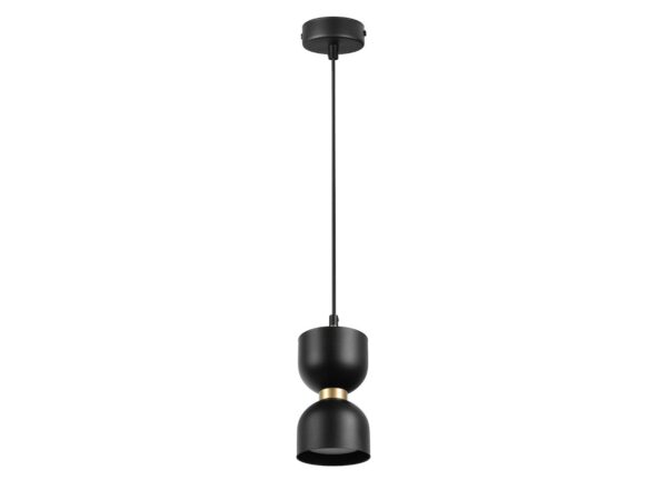 Jednopunktowa lampa wisząca Orilano czarna ze złotym pierścieniem na białym tle