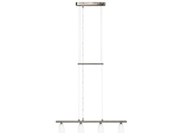 Lampa wisząca Orimeta w matowym niklu z czterema niewielkimi szklanymi kloszami