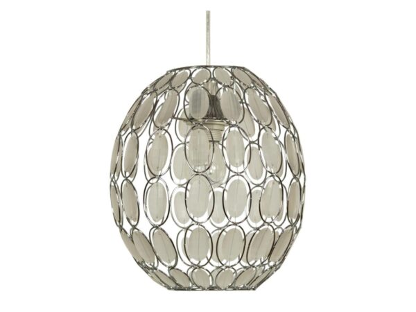 Biała lampa wisząca Oritena z kulistym metalowym kloszem i jasnymi owalnymi kryształkami