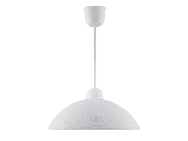 Biała lampa wisząca Orolina z matowym wzorzystym kloszem szklanym