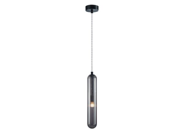 Czarna lampa wisząca Orosena z pojedynczym szklanym cylindrem na białym tle