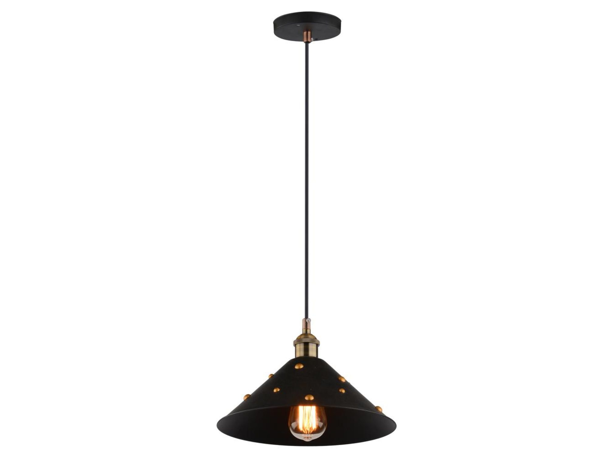 Lampa wisząca Orotia czarna z metalowym stożkowym kloszem i ozdobnymi nitami