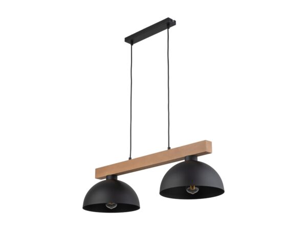 Lampa wisząca Oslo 2-punktowa z czarnymi metalowymi kloszami i sosnową belką na białym tle