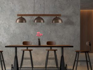 Miniaturka 2 - Brązowa lampa wisząca Oslo z trzema kloszami nad stołem