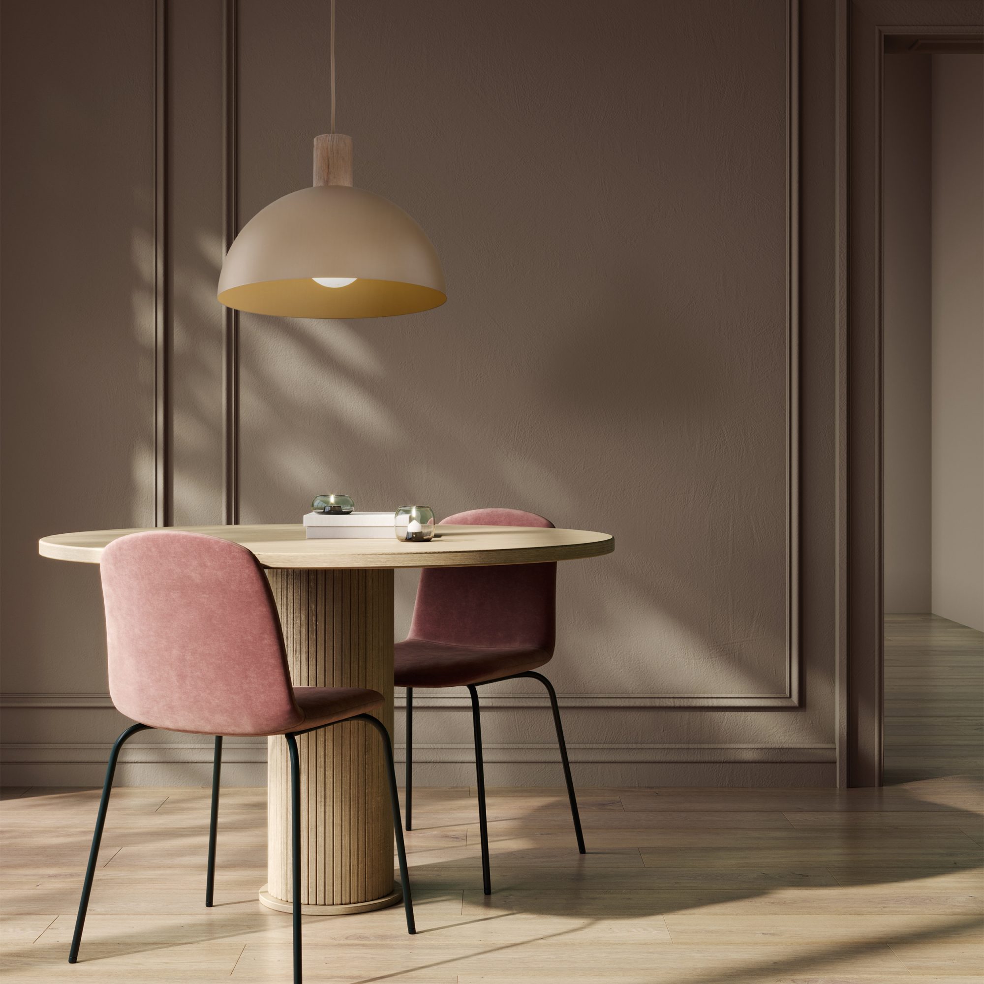 Lampa wisząca Oslo z piaskowym kloszem przedstawiona we wnętrzu