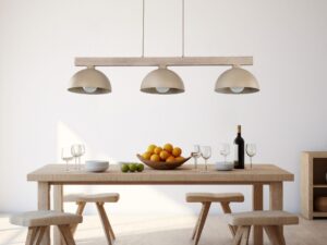 Miniaturka 3 - Lampa wisząca Oslo w piaskowym beżu nad stołem w jasnej jadalni
