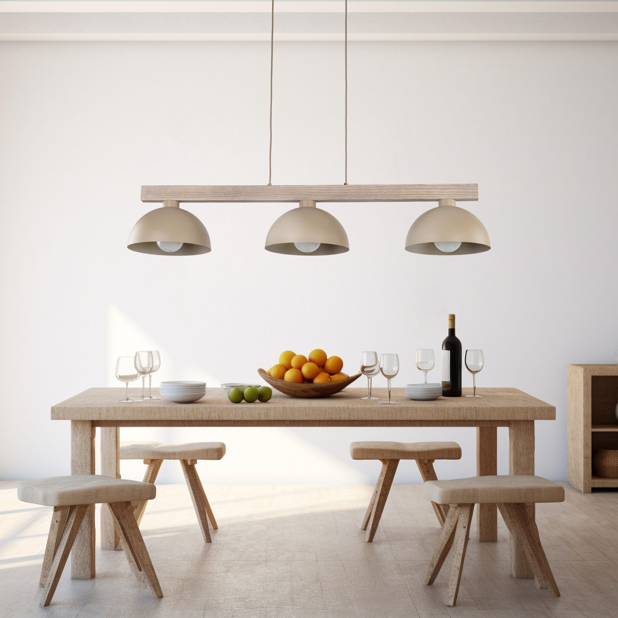 Piaskowobeżowa lampa Oslo w jasnej jadalni