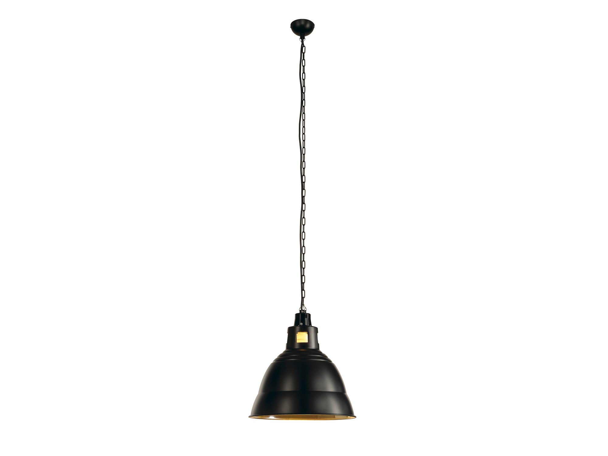 Czarna lampa wisząca Para 380 z szerokim kloszem na białym tle.
