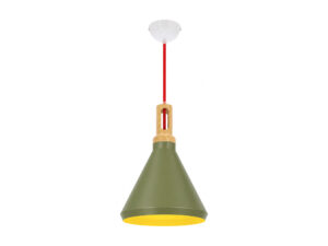 Miniaturka 1 - Lampa wisząca Pelamina 26 cm oliwkowa z drewnianym elementem E27 na białym tle