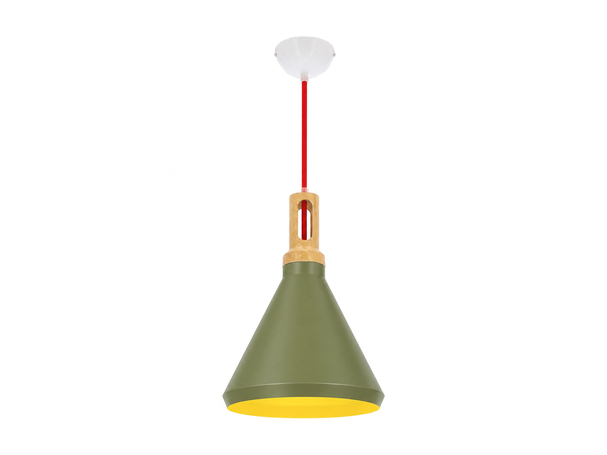 Lampa wisząca Pelamina 26 cm oliwkowa z drewnianym elementem E27 na białym tle