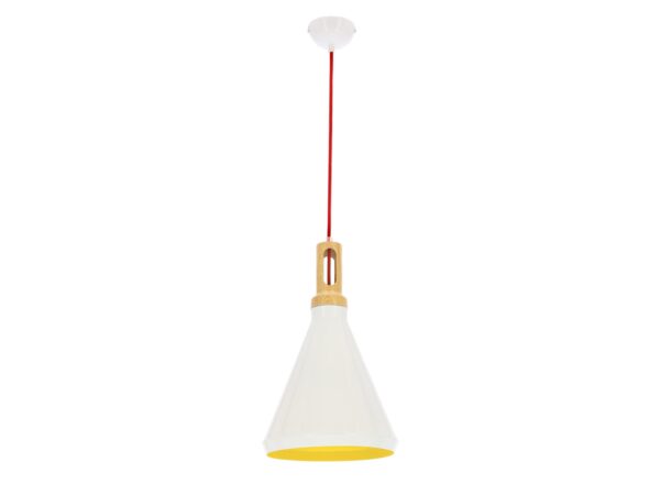 Lampa wisząca Pelamina biała z żółtym wnętrzem klosza i czerwonym przewodem