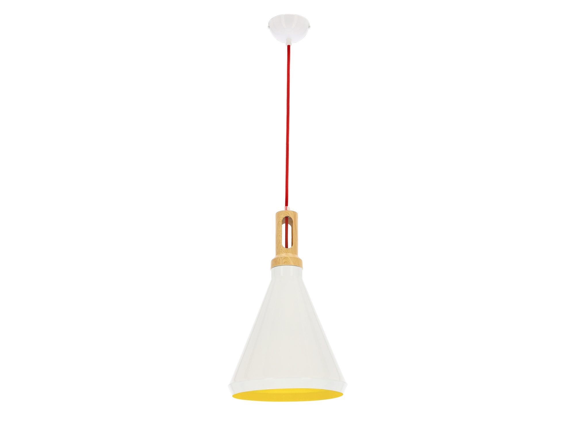 Lampa wisząca Pelamina biała z żółtym wnętrzem klosza i czerwonym przewodem