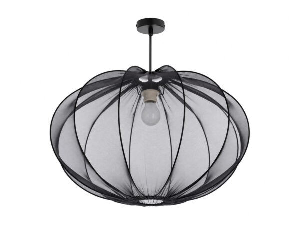 Czarna lampa wisząca z ażurowym siateczkowym abażurem 60 cm na białym tle