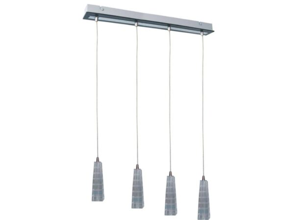 Lampa wisząca Pelesona chromowana z czterema smukłymi kloszami na listwie