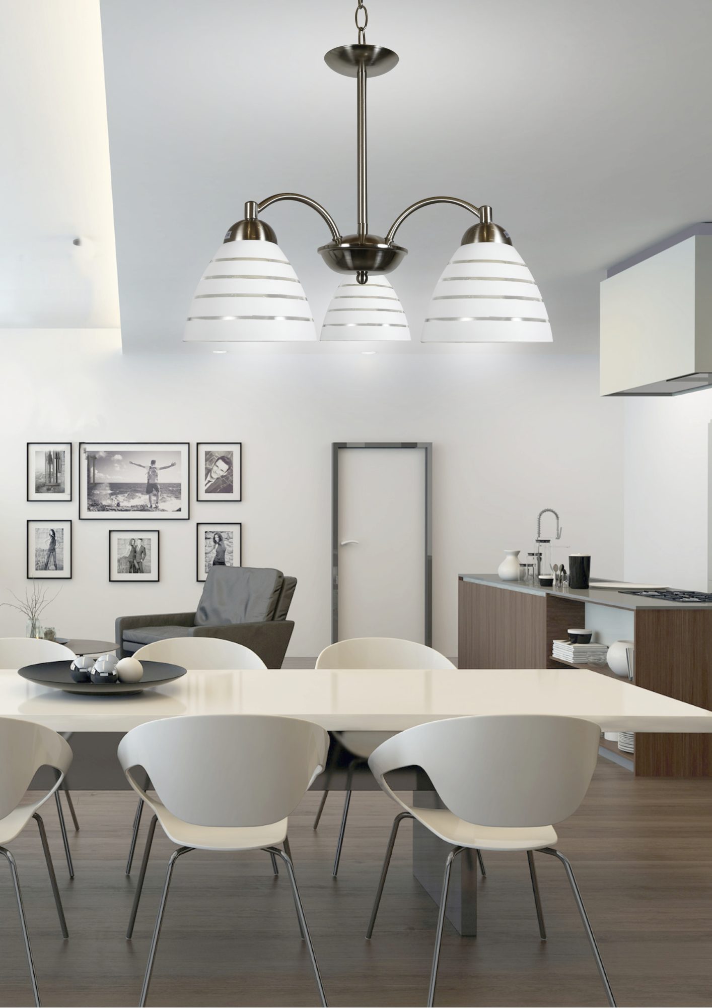 Lampa wisząca Pelidia z trzema paskowanymi kloszami nad stołem w jadalni