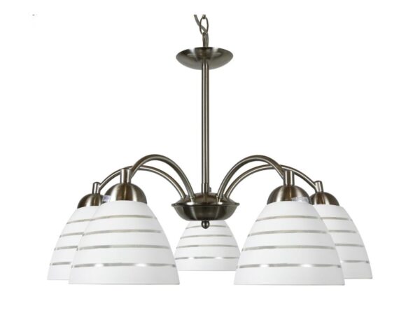 Lampa wisząca Pelidia z pięcioma mlecznymi kloszami i satynową podstawą