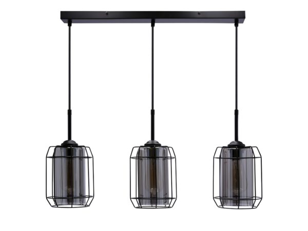 Lampa wisząca Peralo czarna trzy przydymione klosze w drucianych osłonach