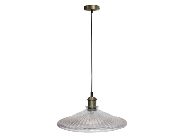 Lampa wisząca Perela z bezbarwnym ryflowanym kloszem i wykończeniem w patynie na białym tle
