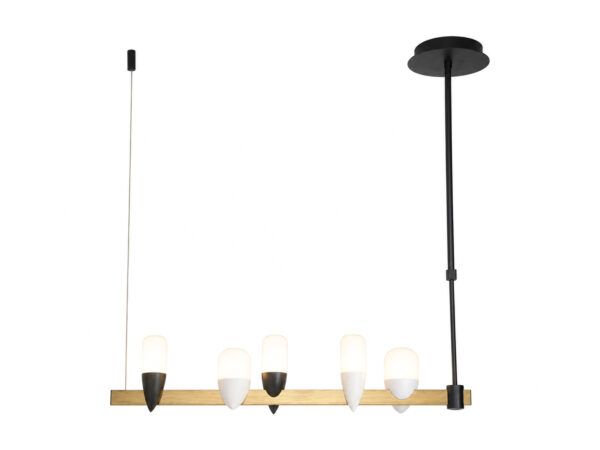 Lampa wisząca Peresona z pięcioma podświetlanymi ptakami na poziomej złotej belce
