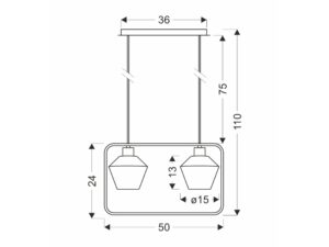 Miniaturka 2 - Rysunek wymiarowy lampy wiszącej Perimia z dwoma kloszami i szerokością 50 cm