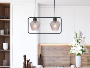 Miniaturka 1 - Lampa wisząca Perimia z dwoma przezroczystymi karbowanymi kloszami w aranżacji kuchni