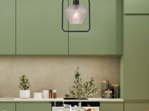 Miniaturka 1 - Lampa wisząca Perimia z jednym przezroczystym szklanym kloszem nad stołem