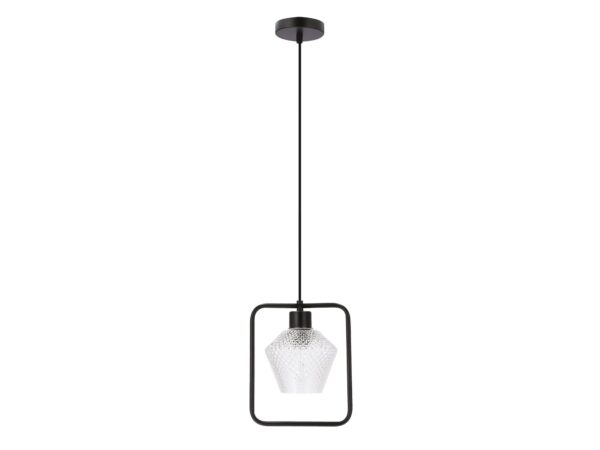 Jednopunktowa lampa wisząca Perimia z czarną kwadratową ramą i szklanym karbowanym kloszem