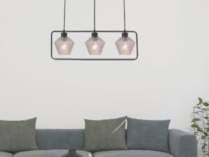 Miniaturka 1 - Lampa wisząca Perimia z trzema świecącymi kloszami nad stolikiem