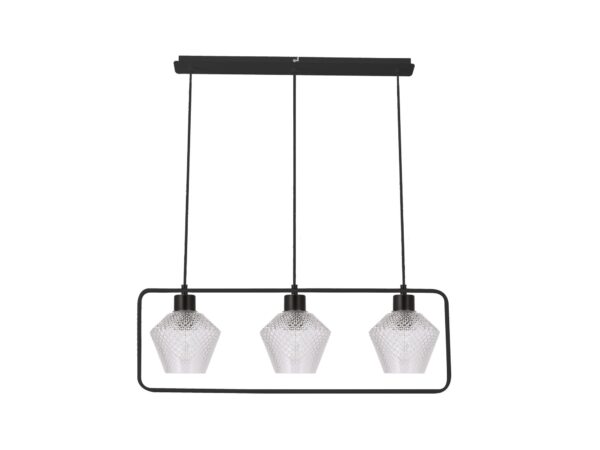 Lampa wisząca Perimia z trzema ryflowanymi szklanymi kloszami i czarną ramą