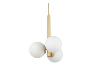 Miniaturka 2 - Lampa wisząca Perla 3 zbliżenie białych kulistych kloszy i złotego korpusu