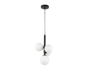 Miniaturka 5 - Lampa wisząca Perla 4 czarna z czterema białymi szklanymi kulami na białym tle
