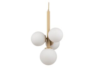 Miniaturka 1 - Lampa wisząca Perla 4 złoty beż, zbliżenie czterech białych kul szklanych i stalowego trzonu