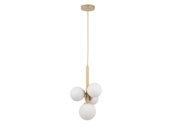 Lampa wisząca Perla 4 złoty beż z czterema białymi kulistymi kloszami, pełne zawieszenie