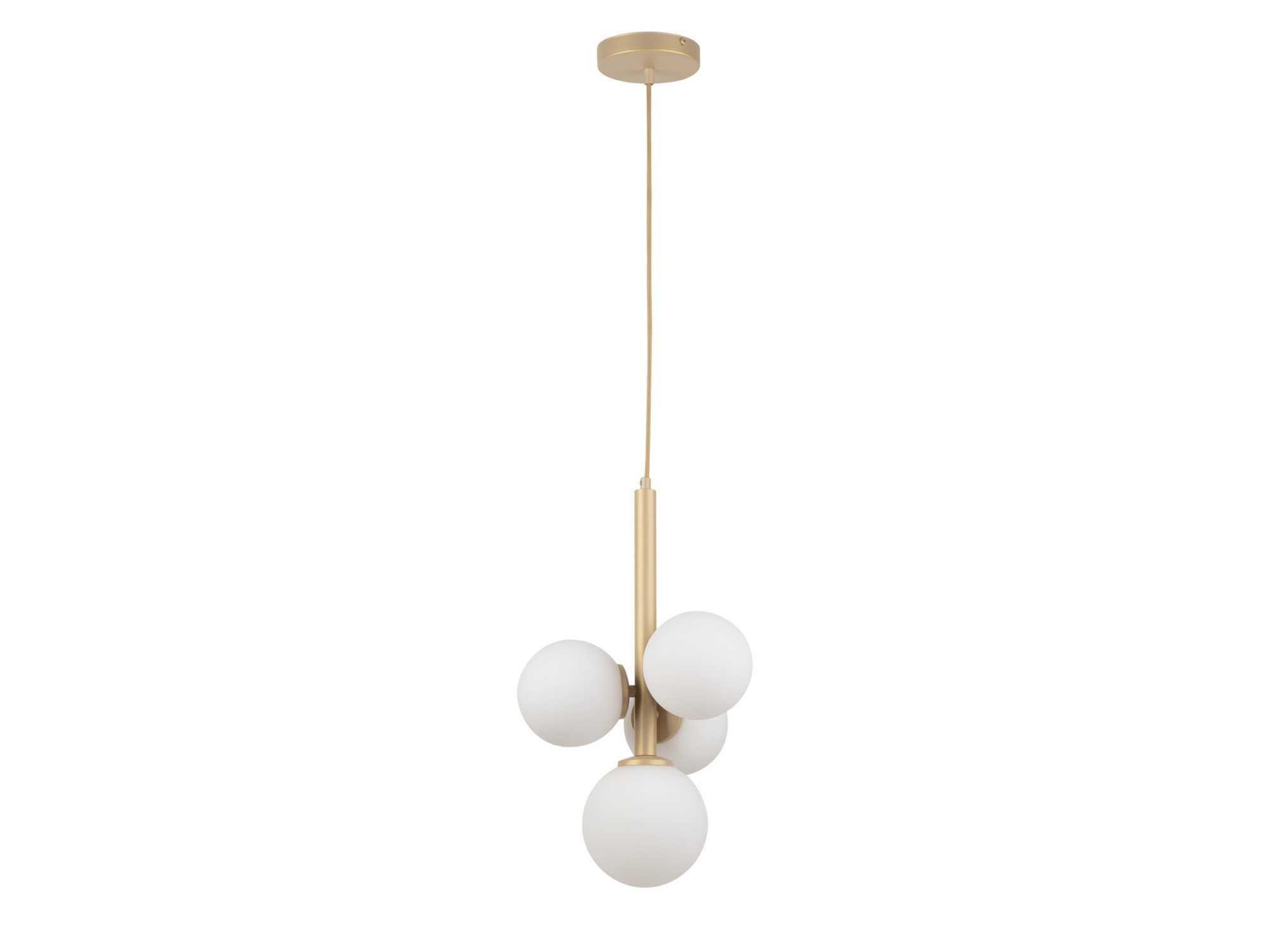 Lampa wisząca Perla 4 złoty beż z czterema białymi kulistymi kloszami, pełne zawieszenie
